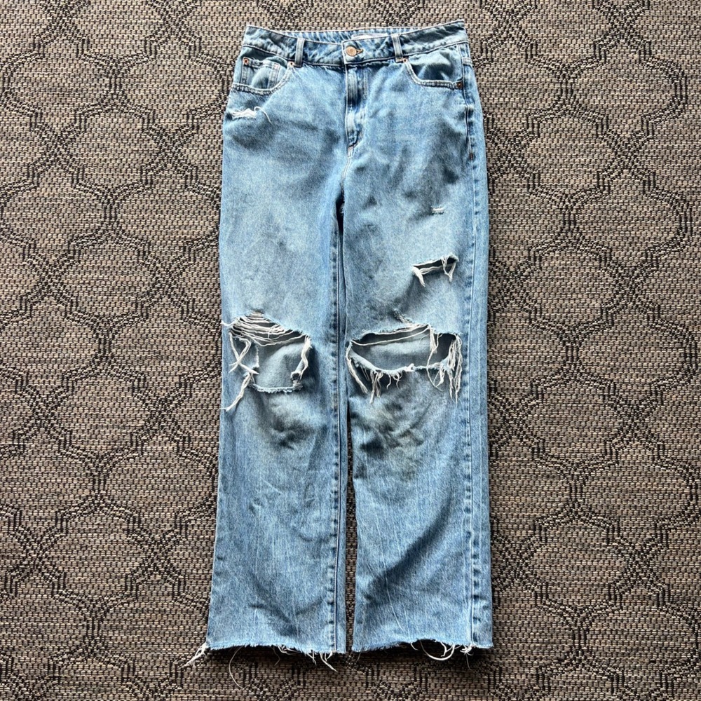 Garage Pants Womens 30 Light Blue Distressed High‎ Rise 90s Straight Jeans Denim